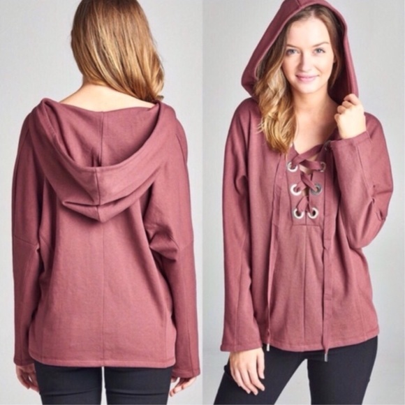 Tops - Dusty Pink Lace-Up Hoodie Tops - Dusty Pink Lace-Up Hoodie